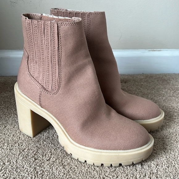 Dolce Vita Caster Ankle Heeled Booties Cafe Canvas - Picture 2 of 10